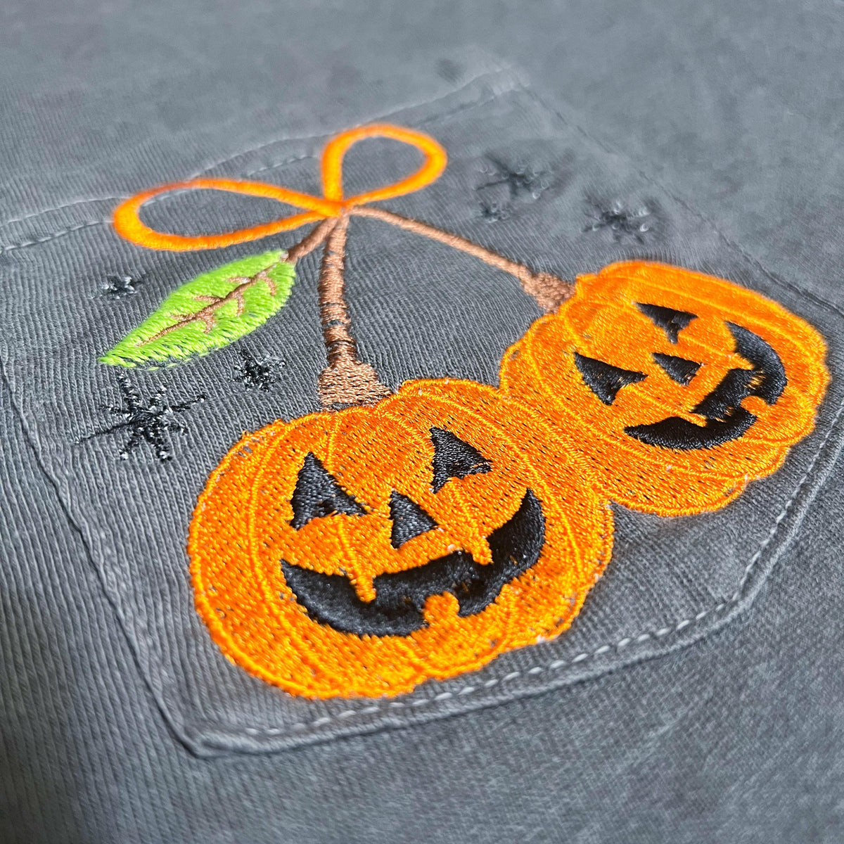 Embroidered Pumpkin Cherry Pocket Tee | Halloween Jack O Lantern Comfort Colors Shirt